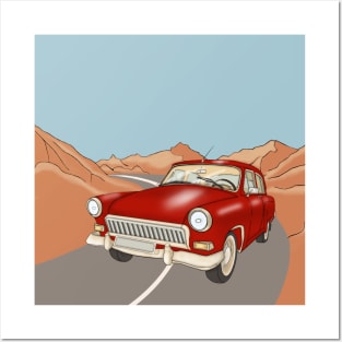 Red vintage car on the highway  in the desert and mountains. Posters and Art